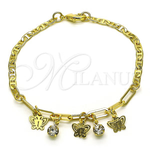 Pulsera de Dije 03.63.2250.08 Oro Laminado, Diseño de Mariposa y Paperclip, con Blanca Cristal, Pulido, Tono Dorado (03 MM Thickness, 8 Inches Length)
