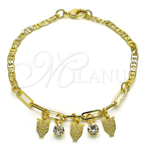 Pulsera de Dije 03.63.2251.08 Oro Laminado, Diseño de Búho y Paperclip, con Blanca Cristal, Pulido, Tono Dorado (03 MM Thickness, 8 Inches Length)