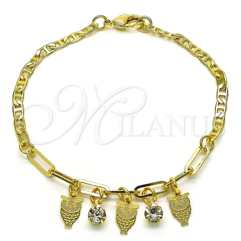 Pulsera de Dije 03.63.2251.08 Oro Laminado, Diseño de Búho y Paperclip, con Blanca Cristal, Pulido, Tono Dorado (03 MM Thickness, 8 Inches Length)