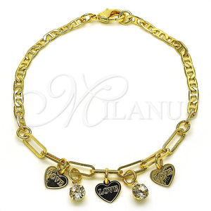Pulsera de Dije 03.63.2252.08 Oro Laminado, Diseño de Corazón y Paperclip, con Blanca Cristal, Pulido, Tono Dorado (03 MM Thickness, 8 Inches Length)