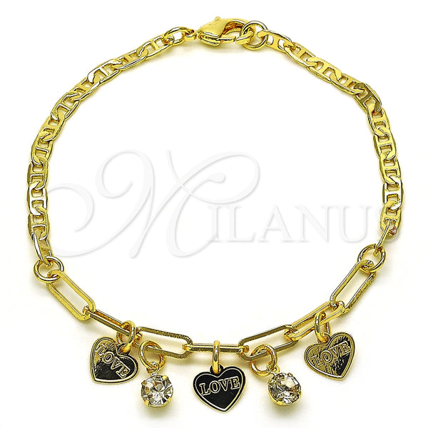 Pulsera de Dije 03.63.2252.08 Oro Laminado, Diseño de Corazón y Paperclip, con Blanca Cristal, Pulido, Tono Dorado (03 MM Thickness, 8 Inches Length)