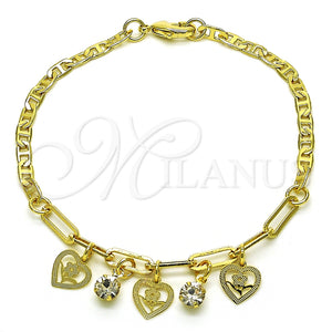 Pulsera de Dije 03.63.2253.08 Oro Laminado, Diseño de Corazón y Flor, con Blanca Cristal, Pulido, Tono Dorado (03 MM Thickness, 8 Inches Length)