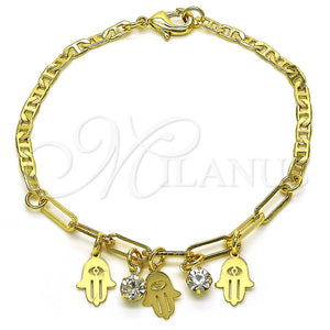 Pulsera de Dije 03.63.2255.08 Oro Laminado, Diseño de Mano de Dios y Paperclip, con Blanca Cristal, Pulido, Tono Dorado (03 MM Thickness, 8 Inches Length)