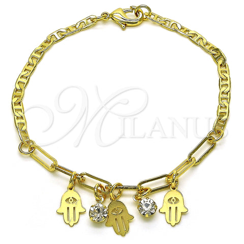Pulsera de Dije 03.63.2255.08 Oro Laminado, Diseño de Mano de Dios y Paperclip, con Blanca Cristal, Pulido, Tono Dorado (03 MM Thickness, 8 Inches Length)