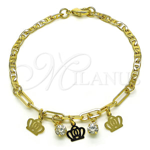 Pulsera de Dije 03.63.2256.08 Oro Laminado, Diseño de Corona y Paperclip, con Blanca Cristal, Pulido, Tono Dorado (03 MM Thickness, 8 Inches Length)