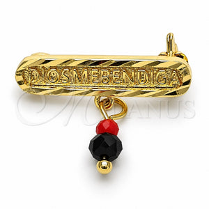 Broche Básico 13.185.0001 Oro Laminado, Diseño de Con Nombre, con Cristal Negro y Rojo Naranja, Pulido, Tono Dorado
