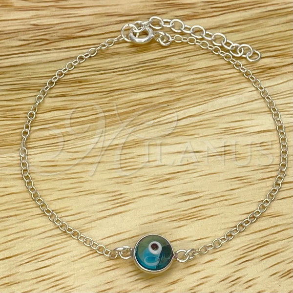 Pulsera Elegante 03.401.0003.07 Plata Rodinada, Diseño de Ojo Griego, con Cristal Topacio Azul, Pulido, Tono Plateado (Grosor 02 MM, 7 Pulgadas de Largo)