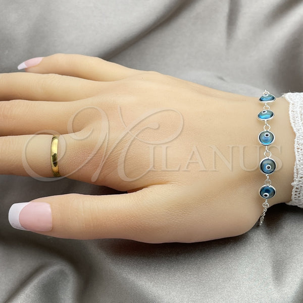Pulsera Elegante 03.401.0004.07 Plata Rodinada, Diseño de Ojo Griego, con Cristal Topacio Azul, Pulido, Tono Plateado (Grosor 02 MM, 7 Pulgadas de Largo)