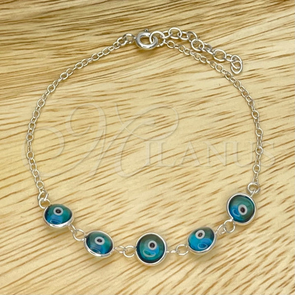 Pulsera Elegante 03.401.0004.07 Plata Rodinada, Diseño de Ojo Griego, con Cristal Topacio Azul, Pulido, Tono Plateado (Grosor 02 MM, 7 Pulgadas de Largo)