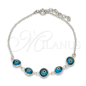 Pulsera Elegante 03.401.0004.07 Plata Rodinada, Diseño de Ojo Griego, con Cristal Topacio Azul, Pulido, Tono Plateado (Grosor 02 MM, 7 Pulgadas de Largo)
