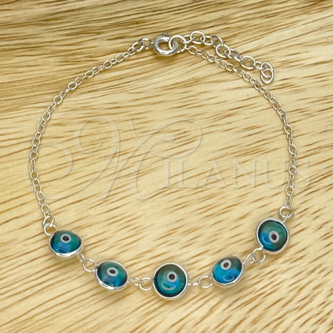 Pulsera Elegante 03.401.0004.07 Plata Rodinada, Diseño de Ojo Griego, con Cristal Topacio Azul, Pulido, Tono Plateado (Grosor 02 MM, 7 Pulgadas de Largo)