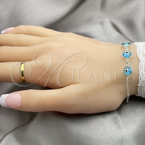 Pulsera Elegante 03.401.0007.07 Plata Rodinada, Diseño de Ojo Griego, con Cristal Topacio Azul, Pulido, Tono Plateado (Grosor 02 MM, 7 Pulgadas de Largo)