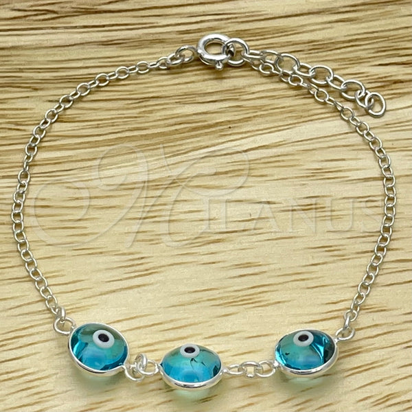 Pulsera Elegante 03.401.0007.07 Plata Rodinada, Diseño de Ojo Griego, con Cristal Topacio Azul, Pulido, Tono Plateado (Grosor 02 MM, 7 Pulgadas de Largo)