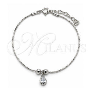 Pulsera Elegante 03.401.0011.07 Plata Rodinada, Diseño de Bola y Gota, con Zirconia Cubica Blanca, Pulido, Tono Plateado (Grosor 04 MM, 7 Pulgadas de Largo)