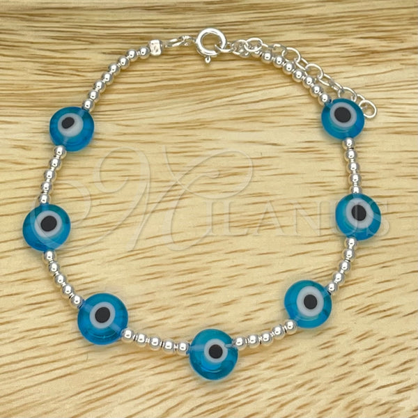 Pulsera Elegante 03.401.0013.07 Plata Rodinada, Diseño de Bola y Ojo Griego, con Cristal Turquoise, Pulido, Tono Plateado (Grosor 02 MM, 7 Pulgadas de Largo)