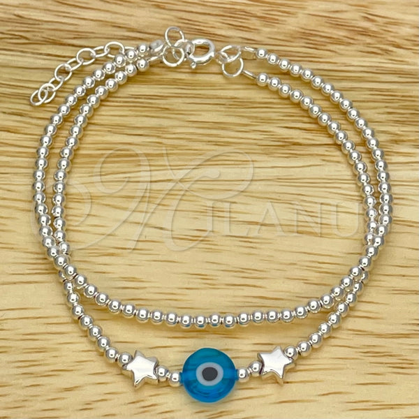 Pulsera Elegante 03.401.0014.07 Plata Rodinada, Diseño de Bola y Ojo Griego, con Cristal Topacio Azul, Pulido, Tono Plateado (Grosor 02 MM, 7 Pulgadas de Largo)