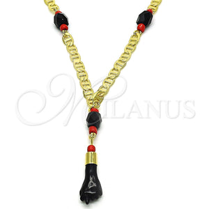 Gargantilla Elegante 03.63.1812.18 Oro Laminado, Diseño de Mano de Figa y Mariner, con Negro and Rojo Naranja Cristal, Pulido, Tono Dorado (04 MM Thickness, 18 Inches Length)