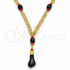 Gargantilla Elegante 03.63.1812.18 Oro Laminado, Diseño de Mano de Figa y Mariner, con Negro and Rojo Naranja Cristal, Pulido, Tono Dorado (04 MM Thickness, 18 Inches Length)