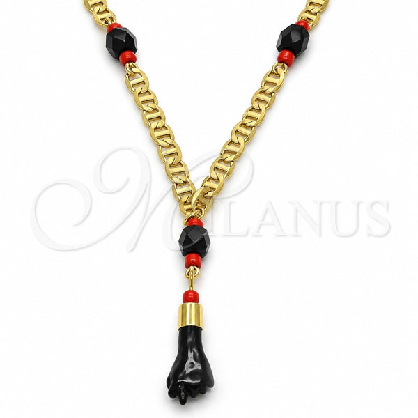 Gargantilla Elegante 03.63.1812.18 Oro Laminado, Diseño de Mano de Figa y Mariner, con Negro and Rojo Naranja Cristal, Pulido, Tono Dorado (04 MM Thickness, 18 Inches Length)
