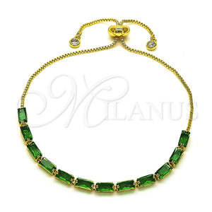 Pulsera Bolo Ajustable 03.341.0186.3.10 Oro Laminado, Diseño de Baguette, con Verde Zirconia Cubica, Pulido, Tono Dorado (01 MM Thickness, 10 Inches Length)