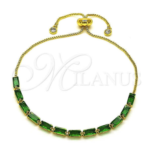 Pulsera Bolo Ajustable 03.341.0186.3.10 Oro Laminado, Diseño de Baguette, con Verde Zirconia Cubica, Pulido, Tono Dorado (01 MM Thickness, 10 Inches Length)