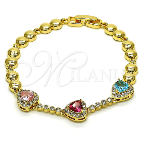 Pulsera Elegante 03.283.0242.1.07 Oro Laminado, Diseño de Corazón, con Multicolor and Blanca Zirconia Cubica, Pulido, Tono Dorado (06 MM Thickness, 7 Inches Length)
