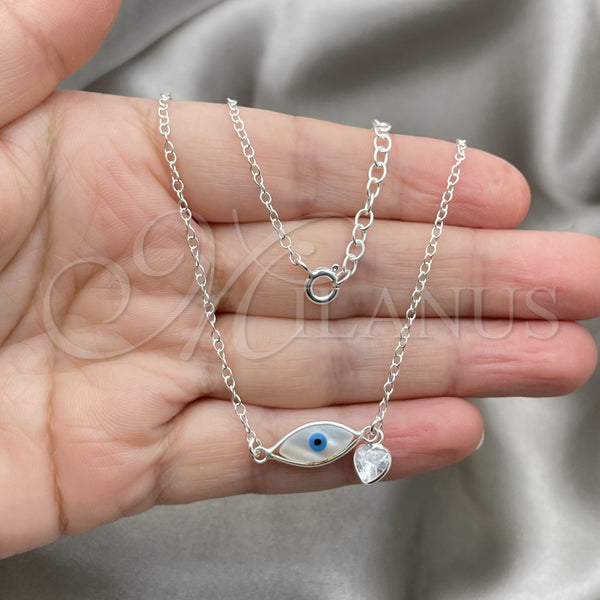 Gargantilla Elegante 04.401.0014.18 Plata Rodinada, Diseño de Ojo Griego y Rolo, con Madre Perla Marfil y Zirconia Cubica Blanca, Pulido, Tono Plateado (Grosor 02 MM, 18 Pulgadas de Largo)