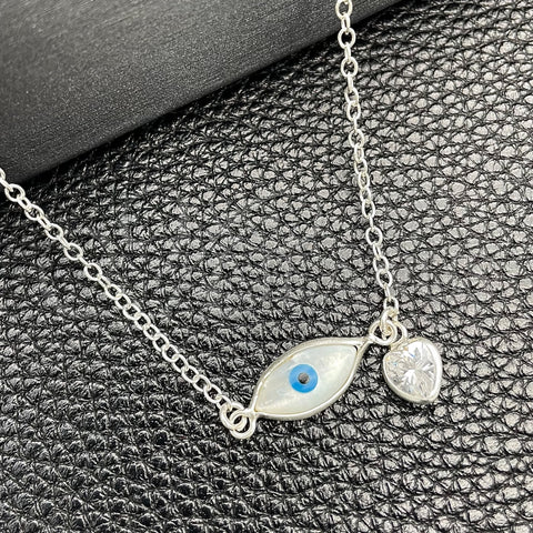 Gargantilla Elegante 04.401.0014.18 Plata Rodinada, Diseño de Ojo Griego y Rolo, con Madre Perla Marfil y Zirconia Cubica Blanca, Pulido, Tono Plateado (Grosor 02 MM, 18 Pulgadas de Largo)