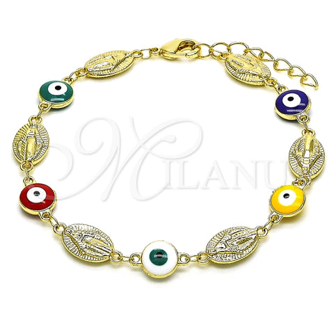 Pulsera Elegante 03.213.0159.1.08 Oro Laminado, Diseño de Virgen Maria y Ojo Griego, Diseño de Virgen Maria, Esmaltado Multicolor, Dorado