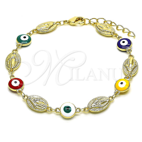 Pulsera Elegante 03.213.0159.1.08 Oro Laminado, Diseño de Virgen Maria y Ojo Griego, Esmaltado Multicolor, Tono Dorado (08 MM Thickness, 8 Inches Length)