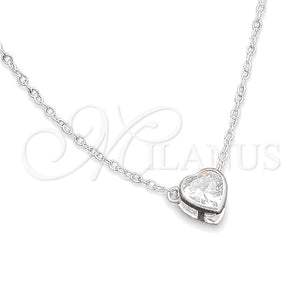 Gargantilla Elegante 04.401.0016.18 Plata Rodinada, Diseño de Corazón y Rolo, con Zirconia Cubica Blanca, Pulido, Tono Plateado (Grosor 08 MM, 18 Pulgadas de Largo)