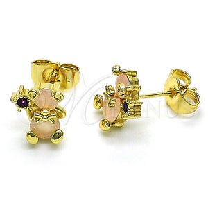 Arete Dormilona 02.210.0767 Oro Laminado, Diseño de Osito, con Rose Water Opal and Rubi Zirconia Cubica, Pulido, Tono Dorado