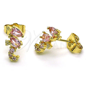 Arete Dormilona 02.210.0769 Oro Laminado, Diseño de Caballo de Mar, con Rosado Zirconia Cubica, Pulido, Tono Dorado