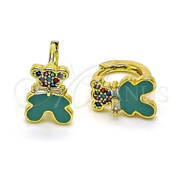 Argolla Huggie 02.210.0788.1.10 Oro Laminado, Diseño de Osito, con Multicolor Micro Pave and Blanca Zirconia Cubica, Esmaltado Turquesa, Tono Dorado