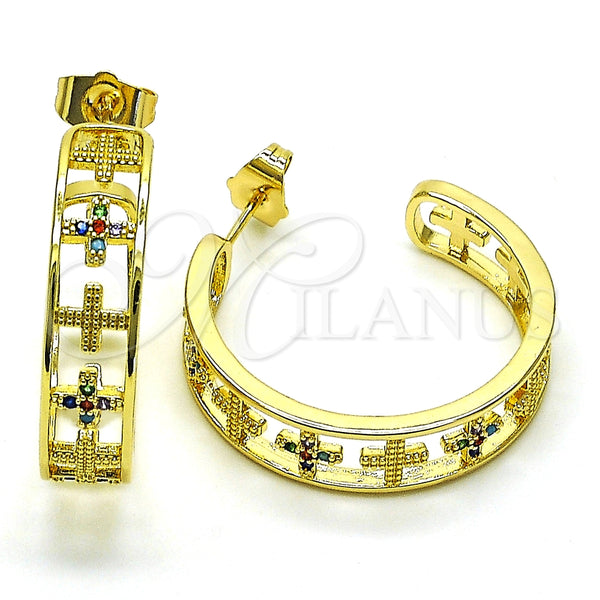 Argolla Mediana 02.210.0791.1.30 Oro Laminado, Diseño de Cruz, con Multicolor Micro Pave, Pulido, Tono Dorado