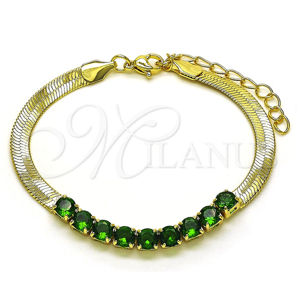 Pulsera Elegante 03.341.0187.07 Oro Laminado, Diseño de Baguette, con Verde Zirconia Cubica, Pulido, Tono Dorado (05 MM Thickness, 7 Inches Length)