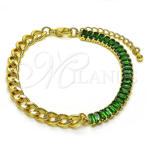 Pulsera Elegante 03.341.0190.07 Oro Laminado, Diseño de Miami Cubana y Baguette, con Verde Zirconia Cubica, Pulido, Tono Dorado (06 MM Thickness, 7 Inches Length)