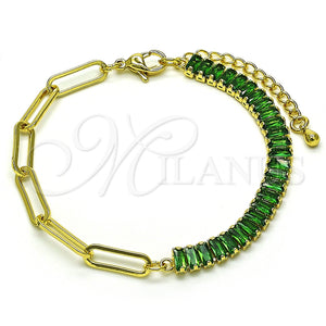 Pulsera Elegante 03.341.0169.4.07 Oro Laminado, Diseño de Paperclip y Baguette, con Verde Zirconia Cubica, Pulido, Tono Dorado (05 MM Thickness, 7 Inches Length)