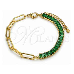Pulsera Elegante 03.341.0169.4.07 Oro Laminado, Diseño de Paperclip y Baguette, con Zirconia Cubica Verde, Pulido, Tono Dorado (Grosor 05 MM, 7 Pulgadas de Largo)