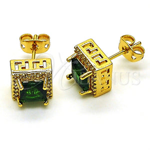 Arete Dormilona 02.342.0201 Oro Laminado, Diseño de Cluster y Llave Griega, con Verde Zirconia Cubica and Blanca Micro Pave, Pulido, Tono Dorado