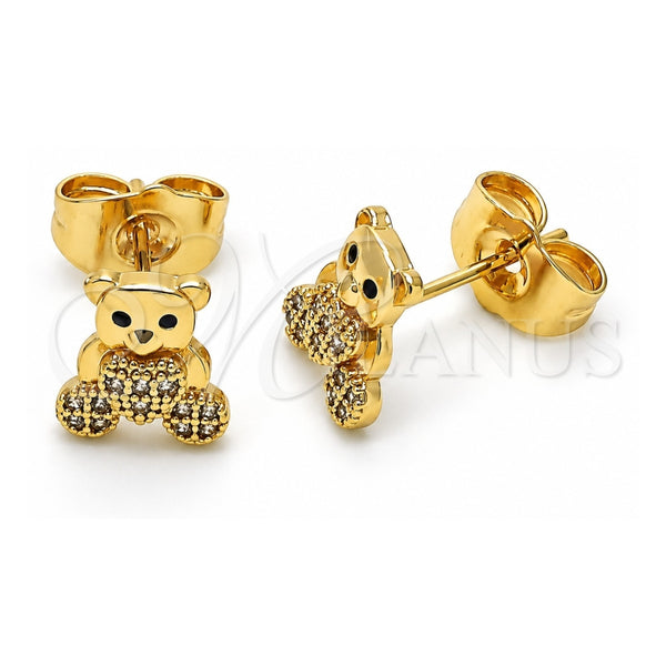 Arete Dormilona 02.310.0106 Oro Laminado, Diseño de Osito y Corazón, con Micro Pave Blanca y Negro, Pulido, Tono Dorado