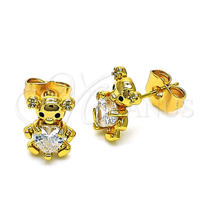 Arete Dormilona 02.310.0109 Oro Laminado, Diseño de Osito y Corazón, con Blanca Zirconia Cubica and Blanca Micro Pave, Pulido, Tono Dorado