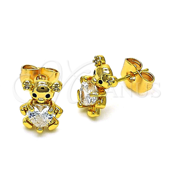 Arete Dormilona 02.310.0109 Oro Laminado, Diseño de Osito y Corazón, con Blanca Zirconia Cubica and Blanca Micro Pave, Pulido, Tono Dorado