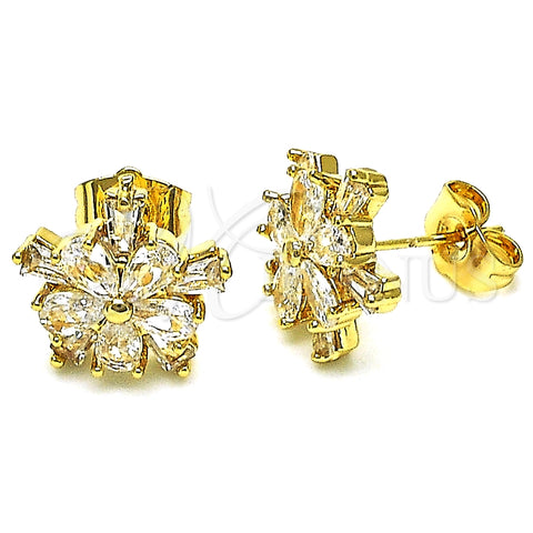 Arete Dormilona 02.283.0047 Oro Laminado, Diseño de Flor y Baguette, con Blanca Zirconia Cubica, Pulido, Tono Dorado