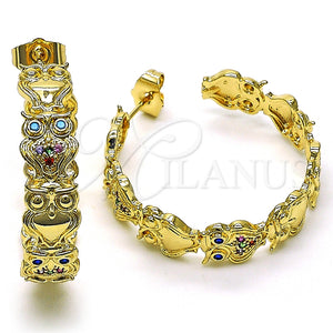 Argolla Mediana 02.210.0797.1.35 Oro Laminado, Diseño de Búho, con Multicolor Micro Pave, Pulido, Tono Dorado