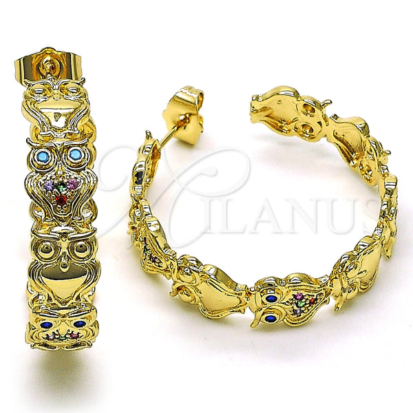 Argolla Mediana 02.210.0797.1.35 Oro Laminado, Diseño de Búho, con Multicolor Micro Pave, Pulido, Tono Dorado
