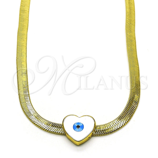 Gargantilla Elegante 04.341.0099.18 Oro Laminado, Diseño de Corazón y Ojo Griego, Esmaltado Blanco, Tono Dorado (05 MM Thickness, 18 Inches Length)