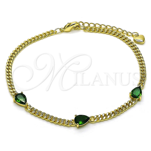 Pulsera Elegante 03.213.0165.07 Oro Laminado, Diseño de Gota y Miami Cubana, con Verde Zirconia Cubica, Pulido, Tono Dorado (03 MM Thickness, 7 Inches Length)