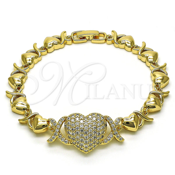 Pulsera Elegante 03.283.0261.07 Oro Laminado, Diseño de Besos y Abrazos y Corazón, con Micro Pave Blanca, Pulido, Tono Dorado (Grosor 08 MM, 7 Pulgadas de Largo)