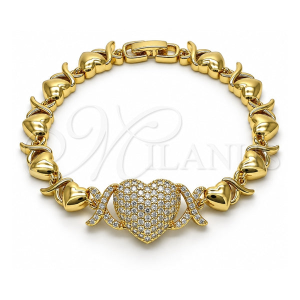 Pulsera Elegante 03.283.0261.07 Oro Laminado, Diseño de Besos y Abrazos y Corazón, con Micro Pave Blanca, Pulido, Tono Dorado (Grosor 08 MM, 7 Pulgadas de Largo)